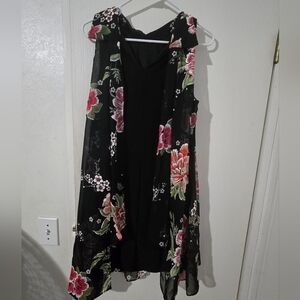 Size 14 Robbie Bee Black Vibrant Floral Collared Dress. Overlayer Is See Through